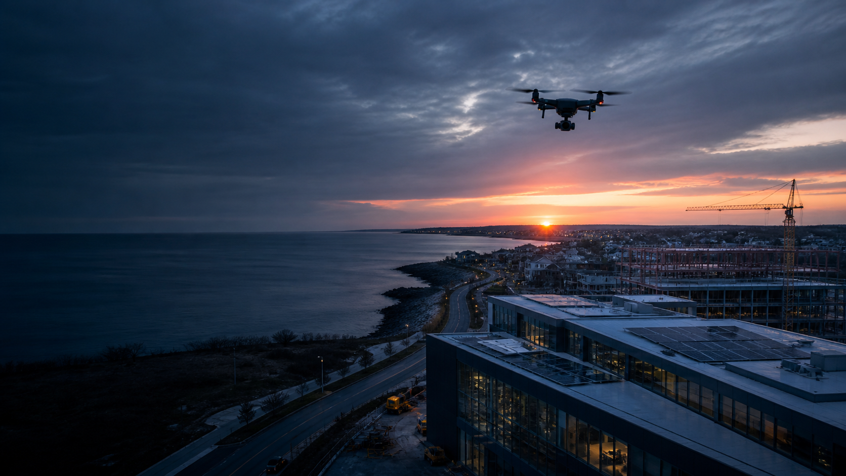 A professional drone flying above a New England coastal commercial site at sunset